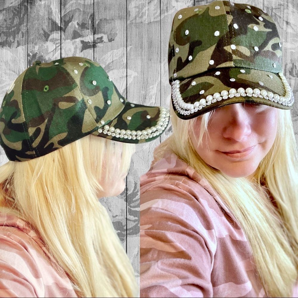 Camo Bling Rhinestone & Pearl Embellished Baseball Cap Hat NEW - Picture 3 of 12